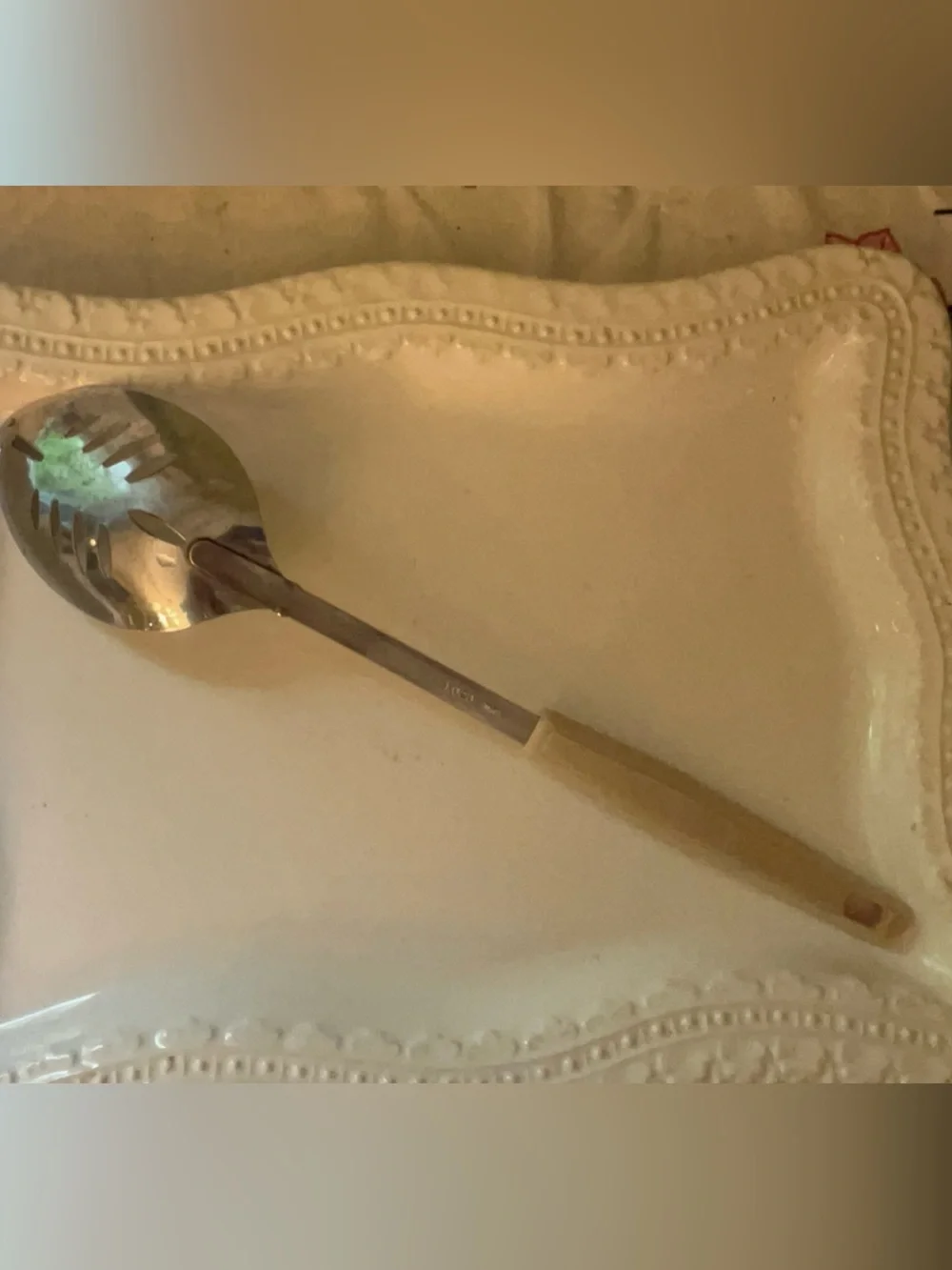 Vintage KOCO Japan Stainless Steel Slotted Spoon Cream handle with Wheat Pattern